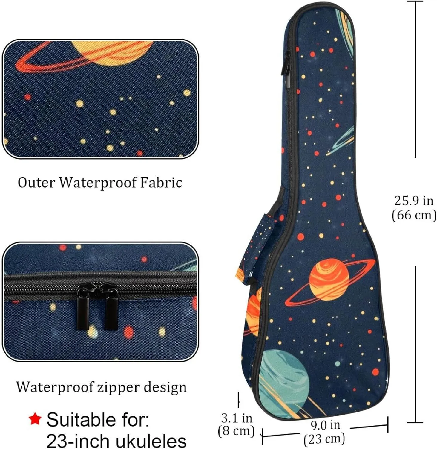 0.4’’ Thick Padded Ukulele Case, Cartoon Cosmos Planets Comets Night Sky Galaxy Pattern Waterproof Concert Size Ukulele Cover with Storage