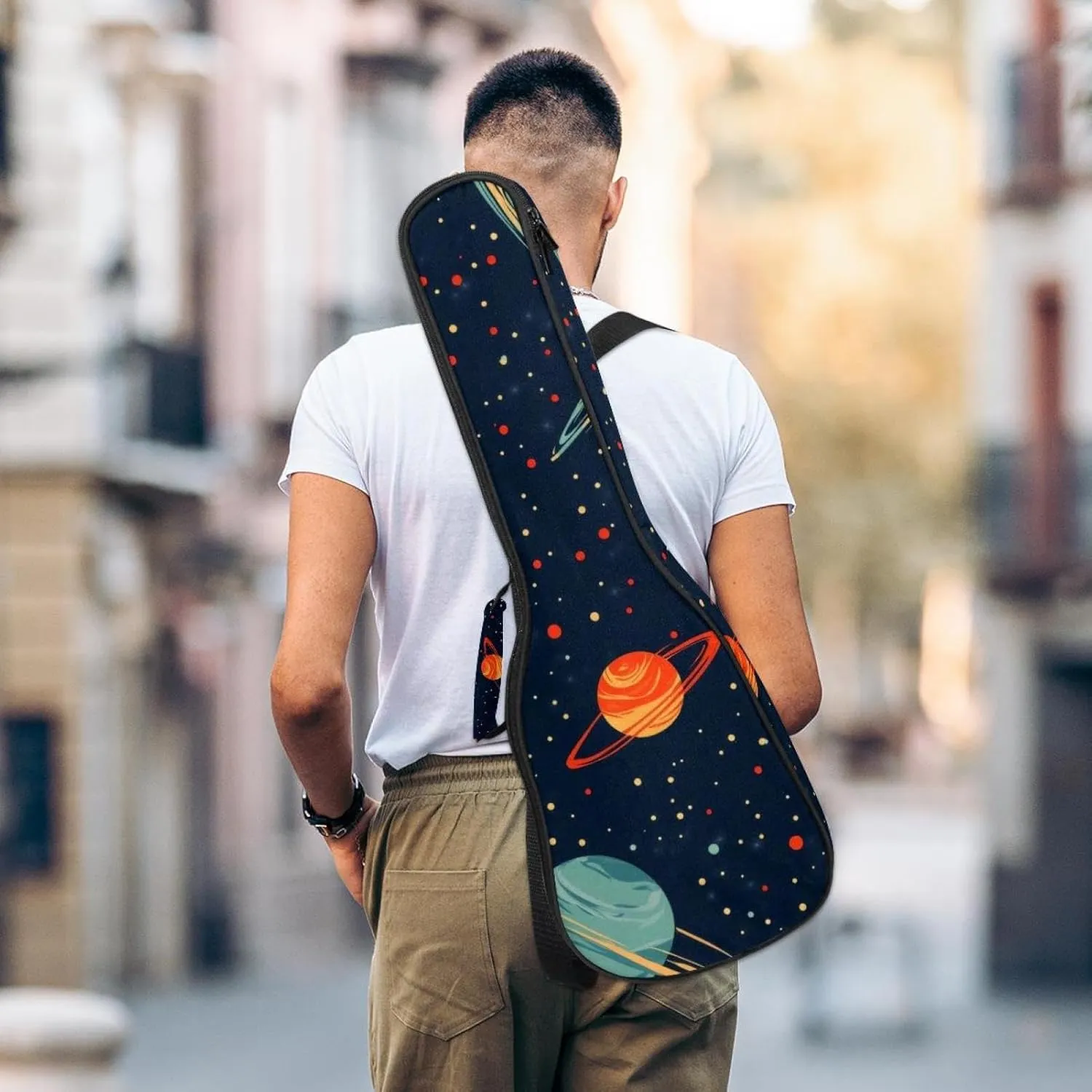 0.4’’ Thick Padded Ukulele Case, Cartoon Cosmos Planets Comets Night Sky Galaxy Pattern Waterproof Concert Size Ukulele Cover with Storage