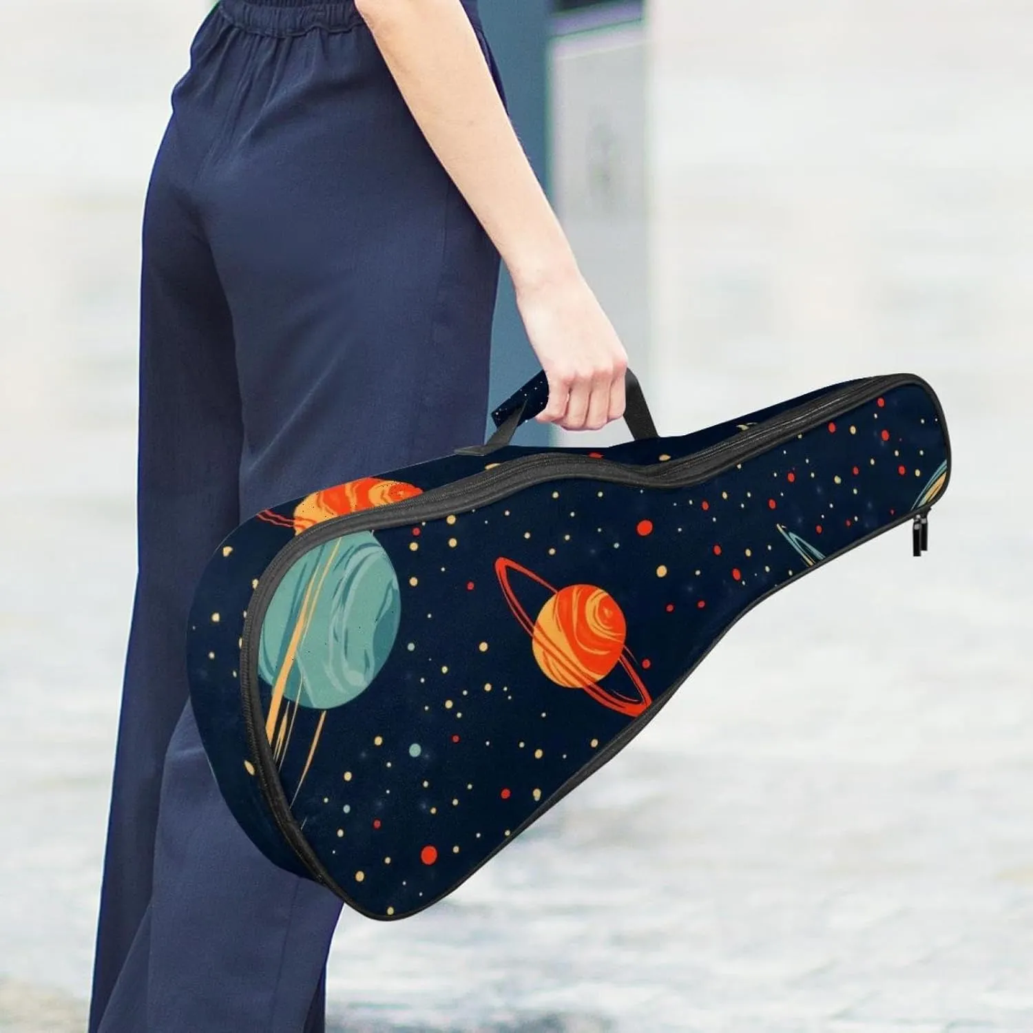 0.4’’ Thick Padded Ukulele Case, Cartoon Cosmos Planets Comets Night Sky Galaxy Pattern Waterproof Concert Size Ukulele Cover with Storage