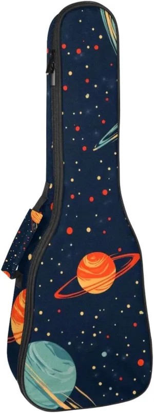 0.4’’ Thick Padded Ukulele Case, Cartoon Cosmos Planets Comets Night Sky Galaxy Pattern Waterproof Concert Size Ukulele Cover with Storage
