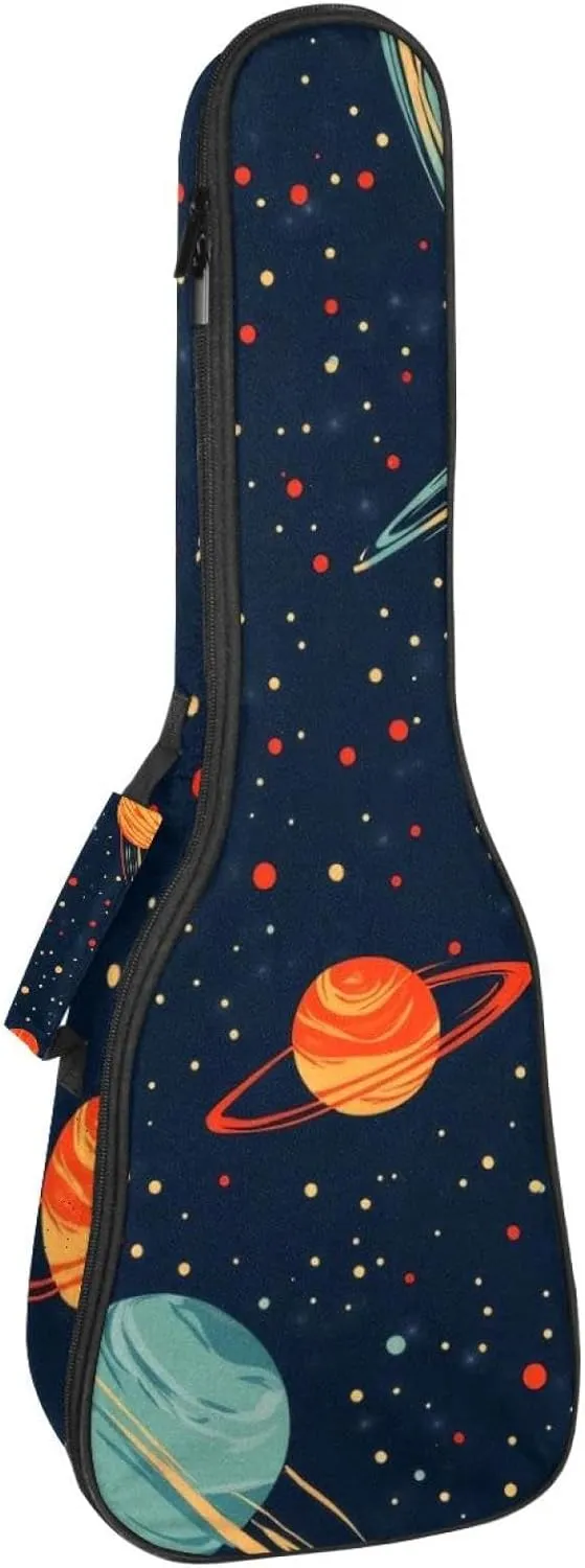 0.4’’ Thick Padded Ukulele Case, Cartoon Cosmos Planets Comets Night Sky Galaxy Pattern Waterproof Concert Size Ukulele Cover with Storage