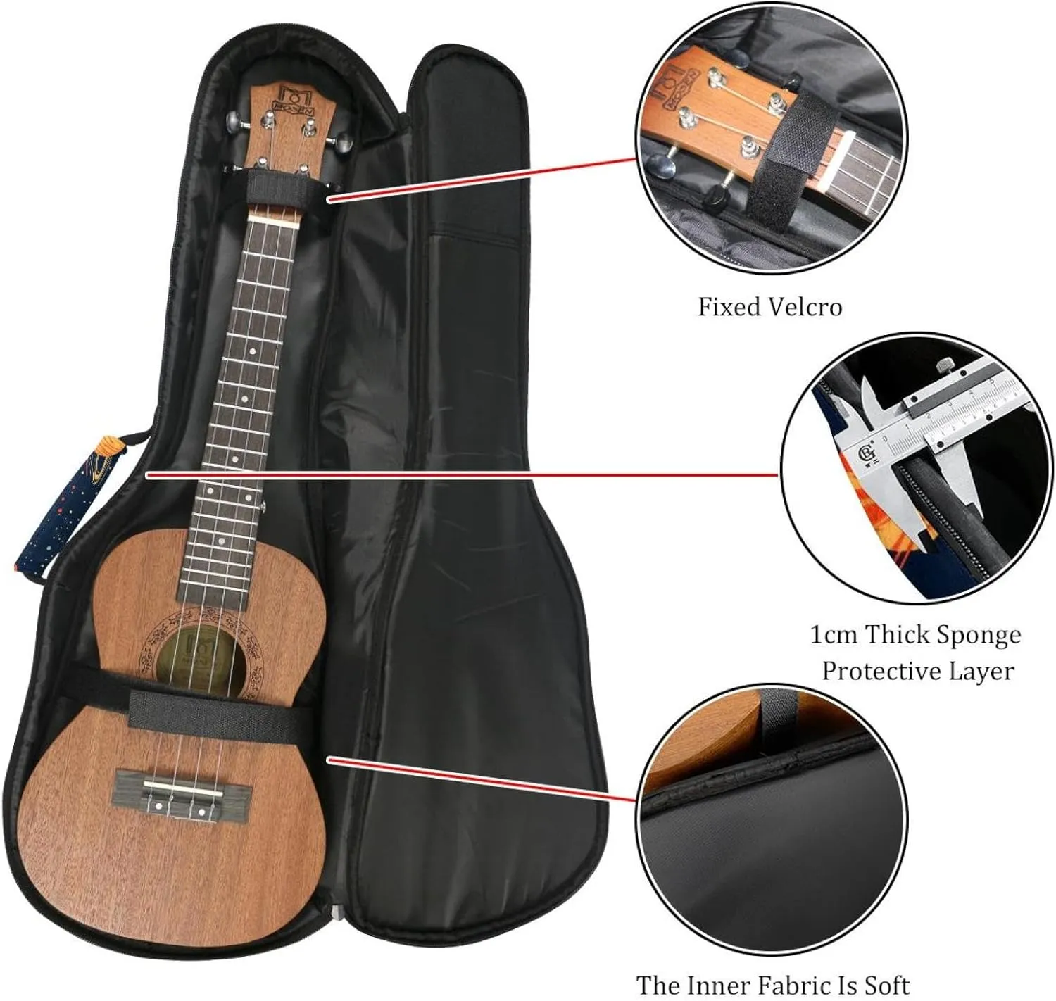 0.4’’ Thick Padded Ukulele Case, Cartoon Cosmos Planets Comets Night Sky Galaxy Pattern Waterproof Concert Size Ukulele Cover with Storage