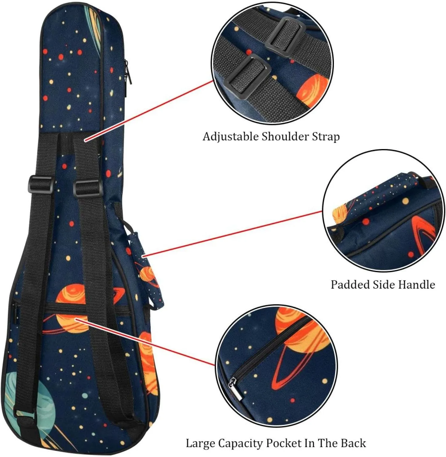 0.4’’ Thick Padded Ukulele Case, Cartoon Cosmos Planets Comets Night Sky Galaxy Pattern Waterproof Concert Size Ukulele Cover with Storage