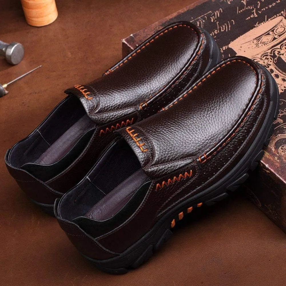 2023 Mens Cow Leather Shoes Fashion Genuine Waterproof Comfy Non Slip Soft Slip On Casual Oxfords (Coffee,9)