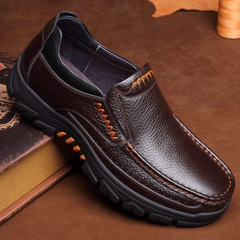 2023 Mens Cow Leather Shoes Fashion Genuine Waterproof Comfy Non Slip Soft Slip On Casual Oxfords (Coffee,9)
