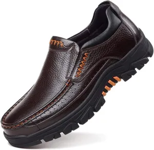 2023 Mens Cow Leather Shoes Fashion Genuine Waterproof Comfy Non Slip Soft Slip On Casual Oxfords (Coffee,9)