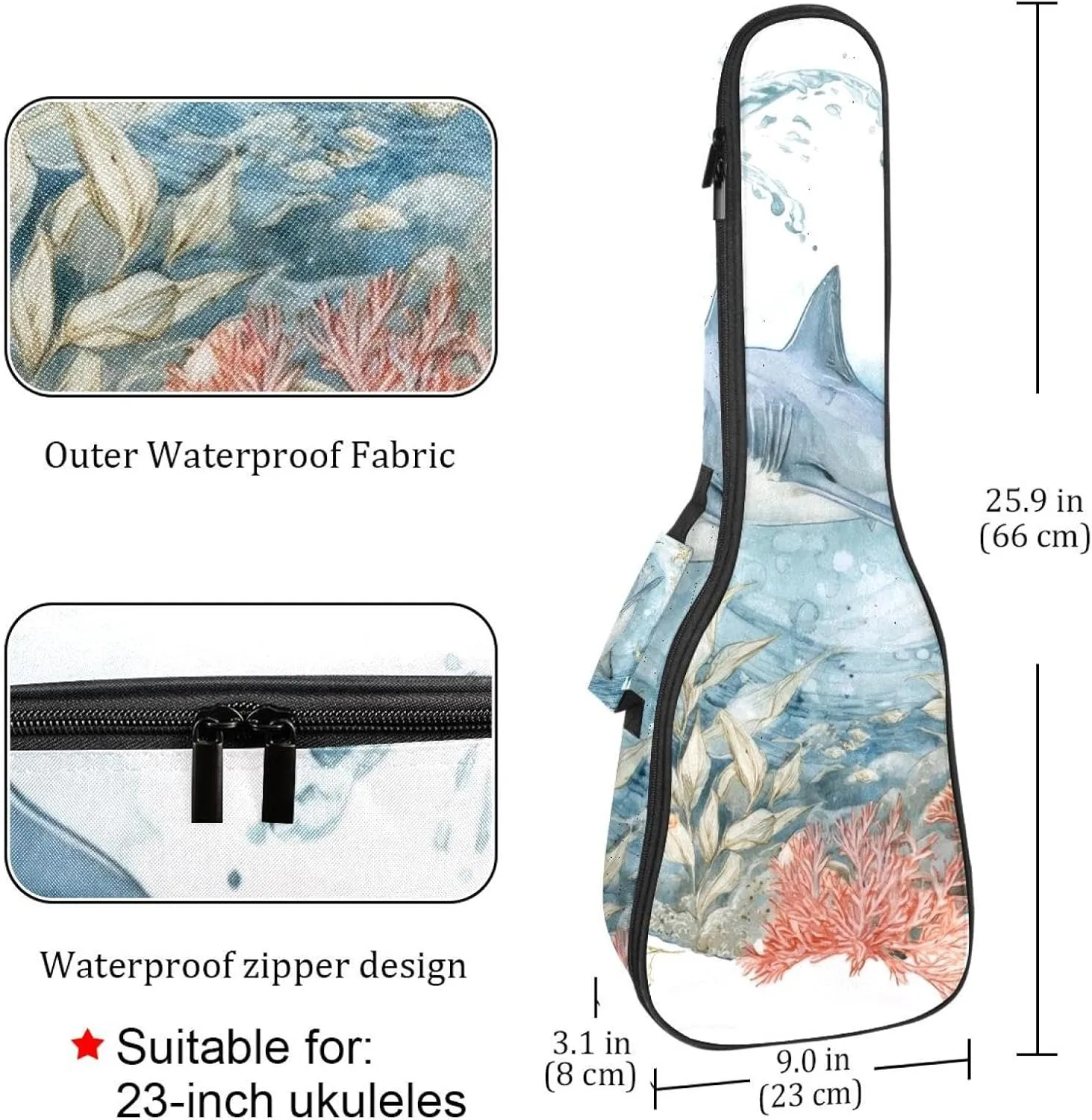 23 Inch Concert Ukulele Case Shark Sea Blue Algae with Leaves Bubbles and Coral Starfish Ukulele Padded Bag with Storage and Shoulder Straps