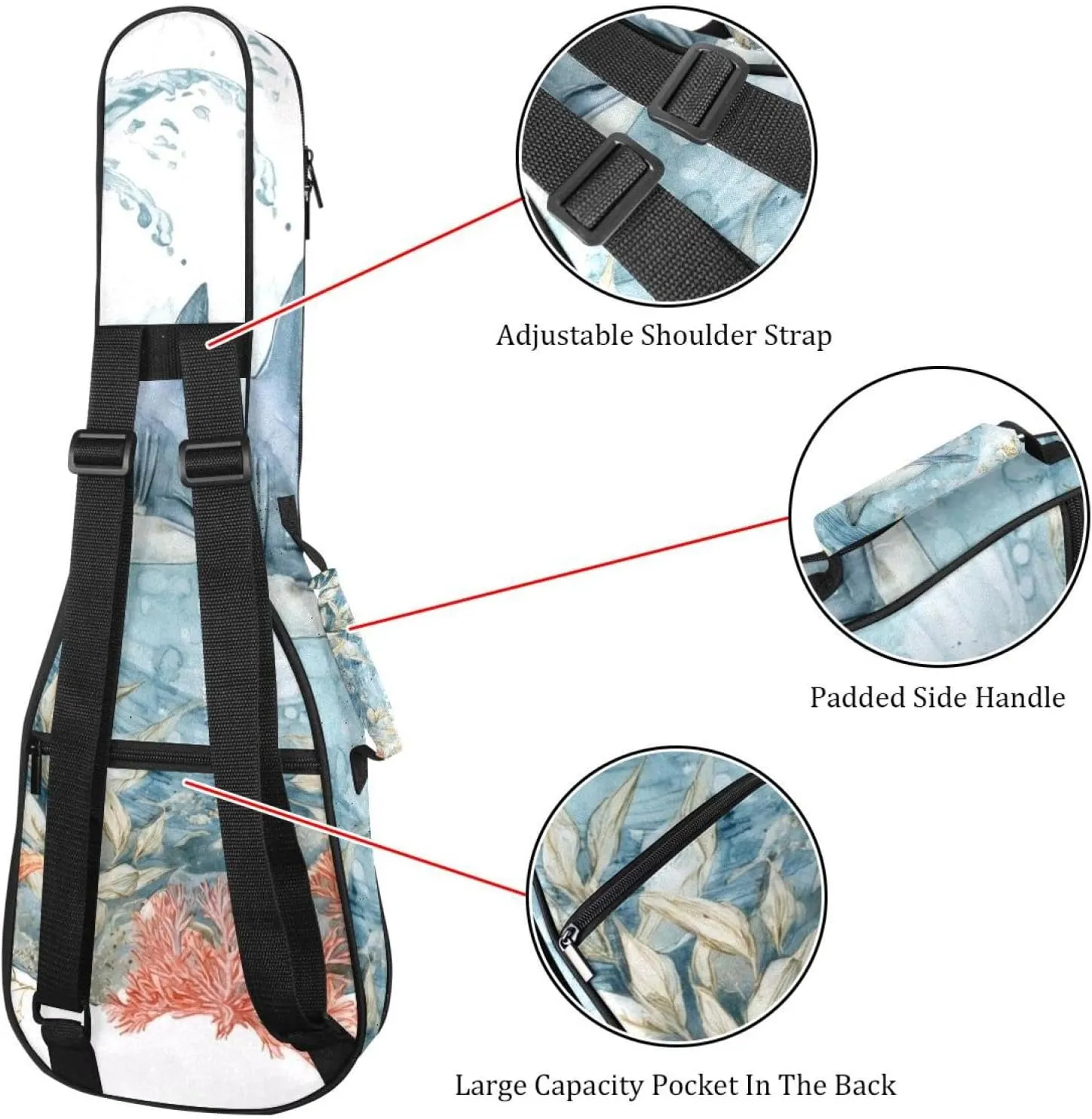 23 Inch Concert Ukulele Case Shark Sea Blue Algae with Leaves Bubbles and Coral Starfish Ukulele Padded Bag with Storage and Shoulder Straps