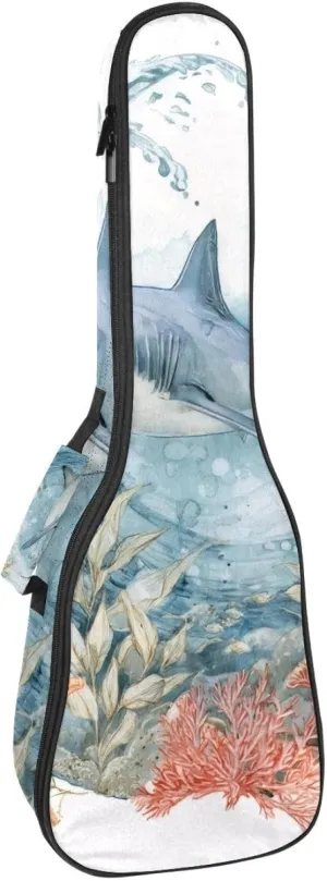 23 Inch Concert Ukulele Case Shark Sea Blue Algae with Leaves Bubbles and Coral Starfish Ukulele Padded Bag with Storage and Shoulder Straps