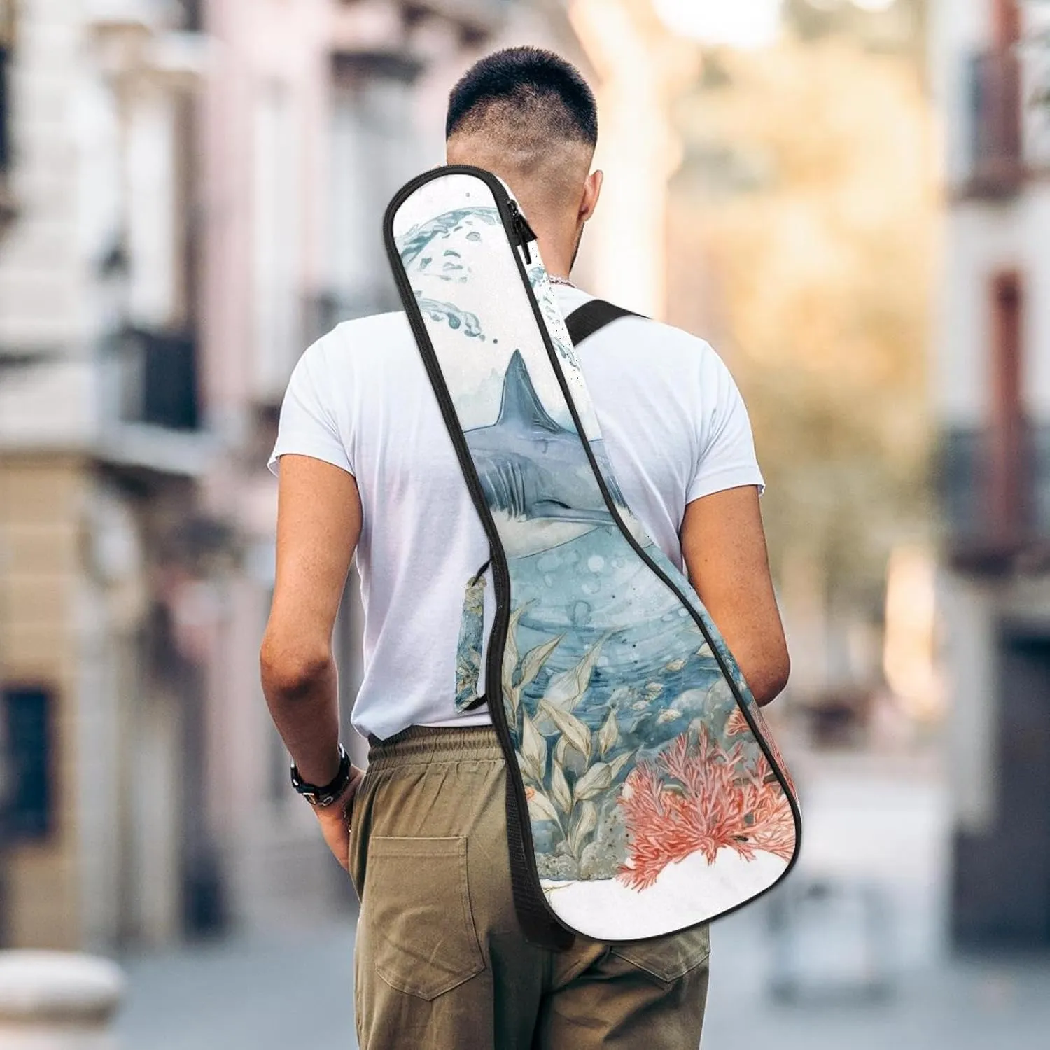 23 Inch Concert Ukulele Case Shark Sea Blue Algae with Leaves Bubbles and Coral Starfish Ukulele Padded Bag with Storage and Shoulder Straps