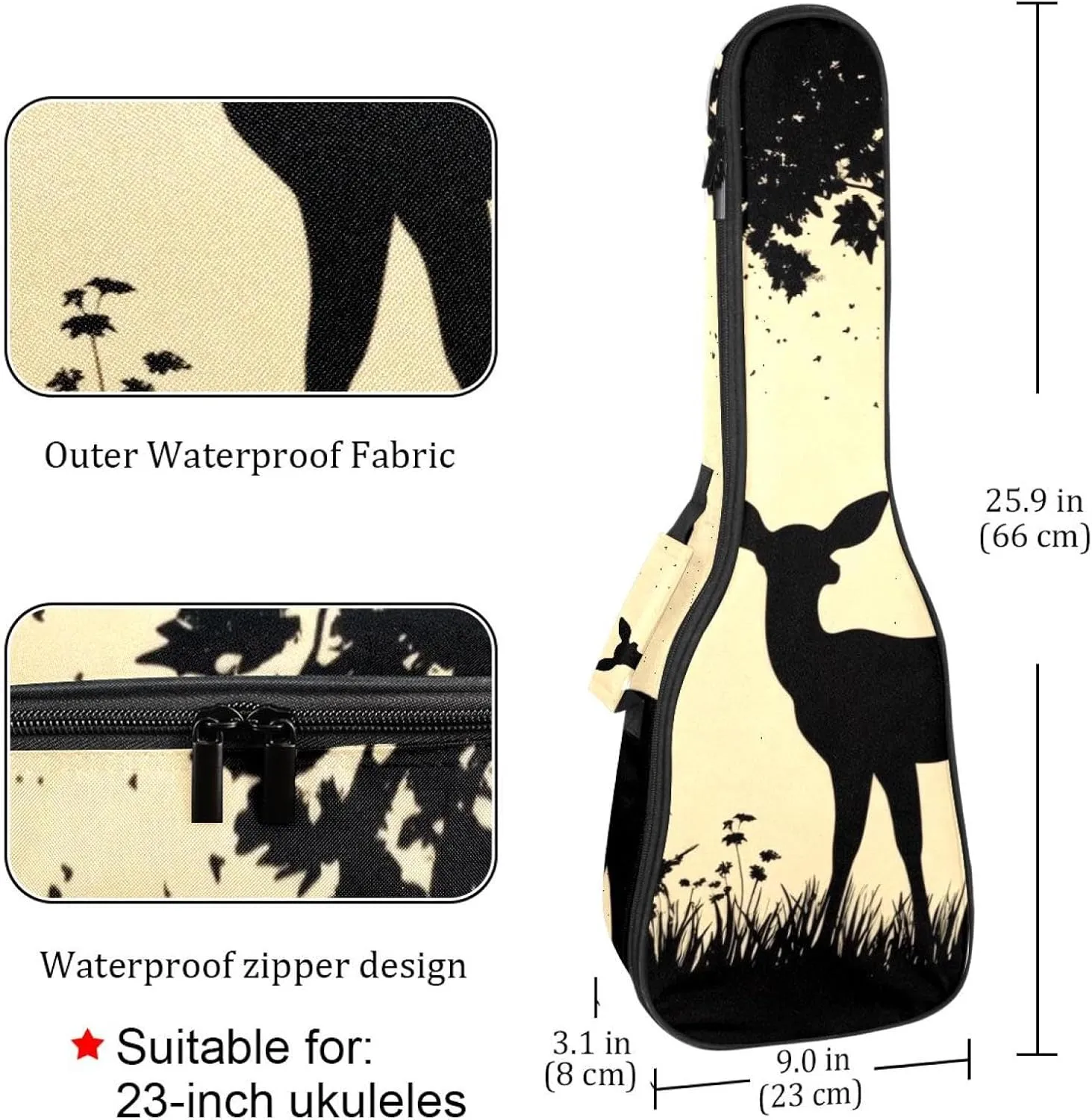 23 Inch Concert Ukulele Case Silhouette of Deer Standing on Meadow in Forrest Ukulele Padded Bag with Storage and Shoulder Straps