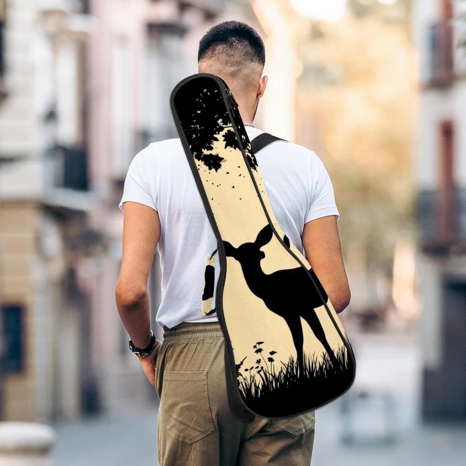 23 Inch Concert Ukulele Case Silhouette of Deer Standing on Meadow in Forrest Ukulele Padded Bag with Storage and Shoulder Straps