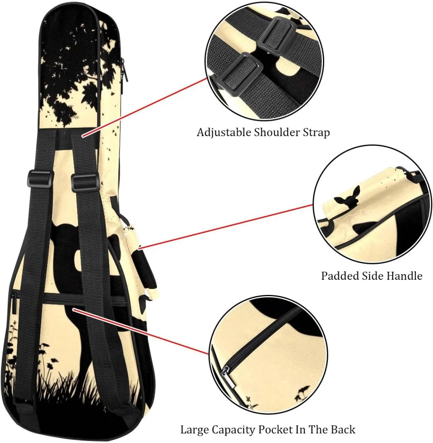23 Inch Concert Ukulele Case Silhouette of Deer Standing on Meadow in Forrest Ukulele Padded Bag with Storage and Shoulder Straps