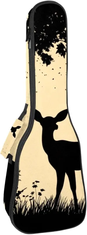 23 Inch Concert Ukulele Case Silhouette of Deer Standing on Meadow in Forrest Ukulele Padded Bag with Storage and Shoulder Straps