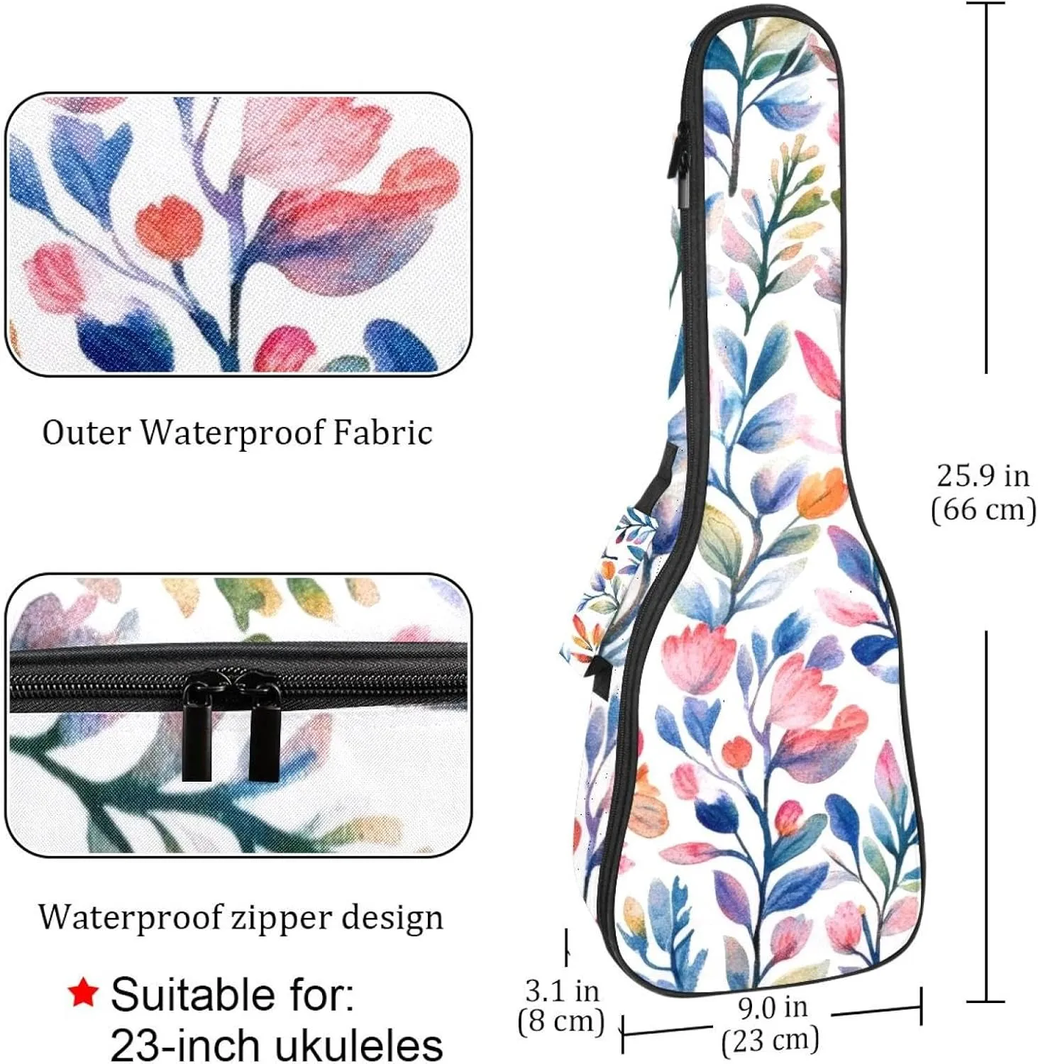 23 Inch Concert Ukulele Case Watercolor Fragrant Herbs Ukulele Padded Bag with Storage and Shoulder Straps