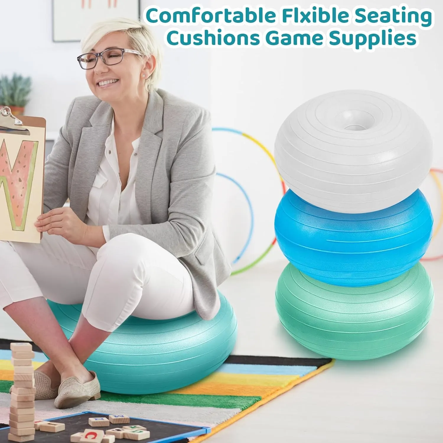 6 Pcs Flexible Seating for Classroom Elementary Yoga Ball Chairs for Kids Inflatable Yoga Ball Office Chair Stability Balance Trainer with Black Inflator Student Desk Chairs(Elegant Color)