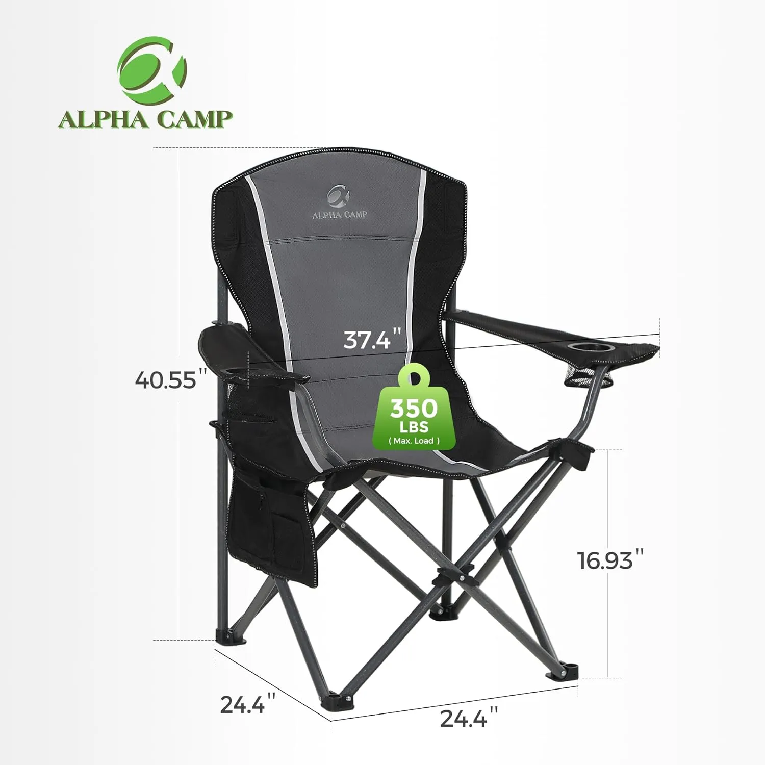 ALPHA CAMP Oversized Camping Folding Chair - Heavy Duty Steel Frame Support 350 LBS, Collapsible Padded Arm With Cup Holder, Quad Lumbar Back, Portable for Outdoor/Indoor