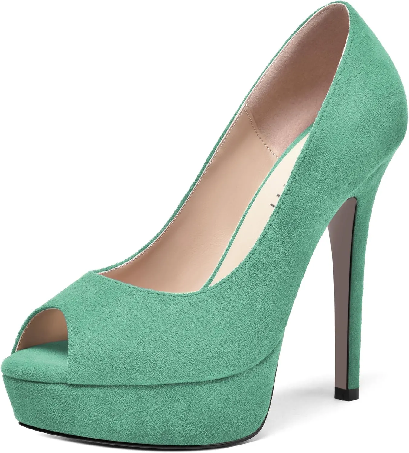 AMBELIGHT Womens Dress Wedding Slip On Suede Solid Platform Peep Toe Stiletto High Heel Pumps Shoes 5 Inch