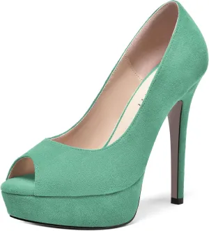 AMBELIGHT Womens Dress Wedding Slip On Suede Solid Platform Peep Toe Stiletto High Heel Pumps Shoes 5 Inch