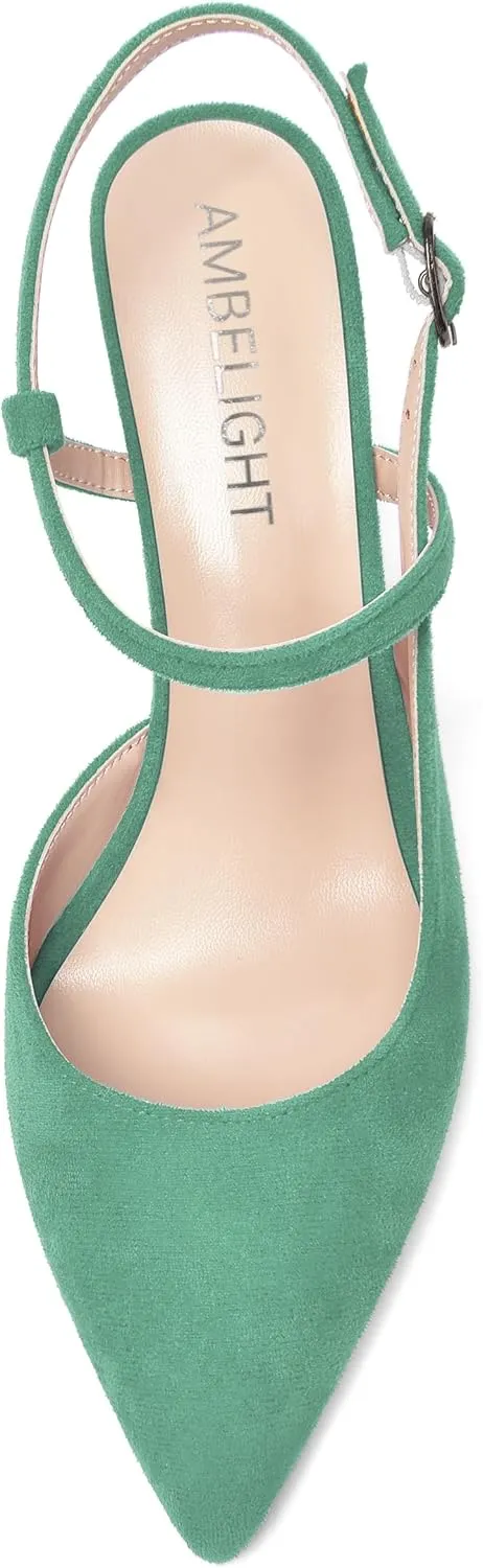 AMBELIGHT Womens Solid Pointed Toe Buckle Bridal Ankle Strap Sexy Suede Wedge High Heel Pumps Shoes 3.3 Inch