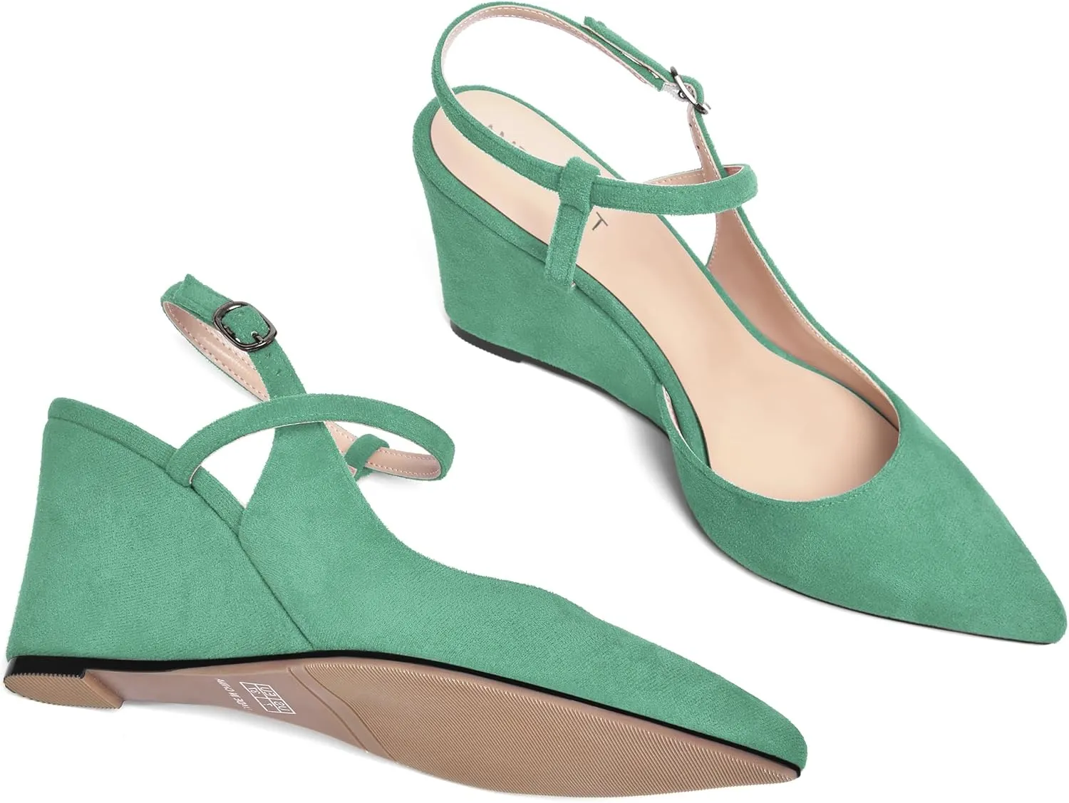 AMBELIGHT Womens Solid Pointed Toe Buckle Bridal Ankle Strap Sexy Suede Wedge High Heel Pumps Shoes 3.3 Inch