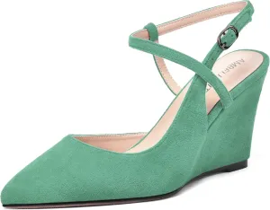 AMBELIGHT Womens Solid Pointed Toe Buckle Bridal Ankle Strap Sexy Suede Wedge High Heel Pumps Shoes 3.3 Inch