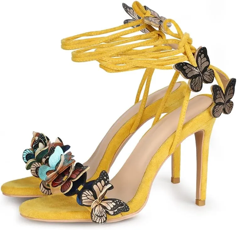 Arqa Strappy Sandals for Women Butterfly Ankle Wrap Stiletto High Heels Open Toe Suede Lace-up Heeled Sandal Wedding Bride Dressy Pumps