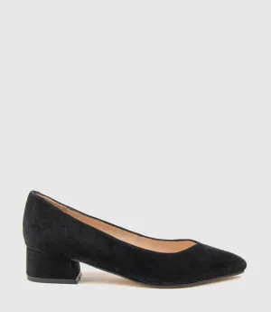 AUDREY35 Low Block Heel Pump in Black Suede