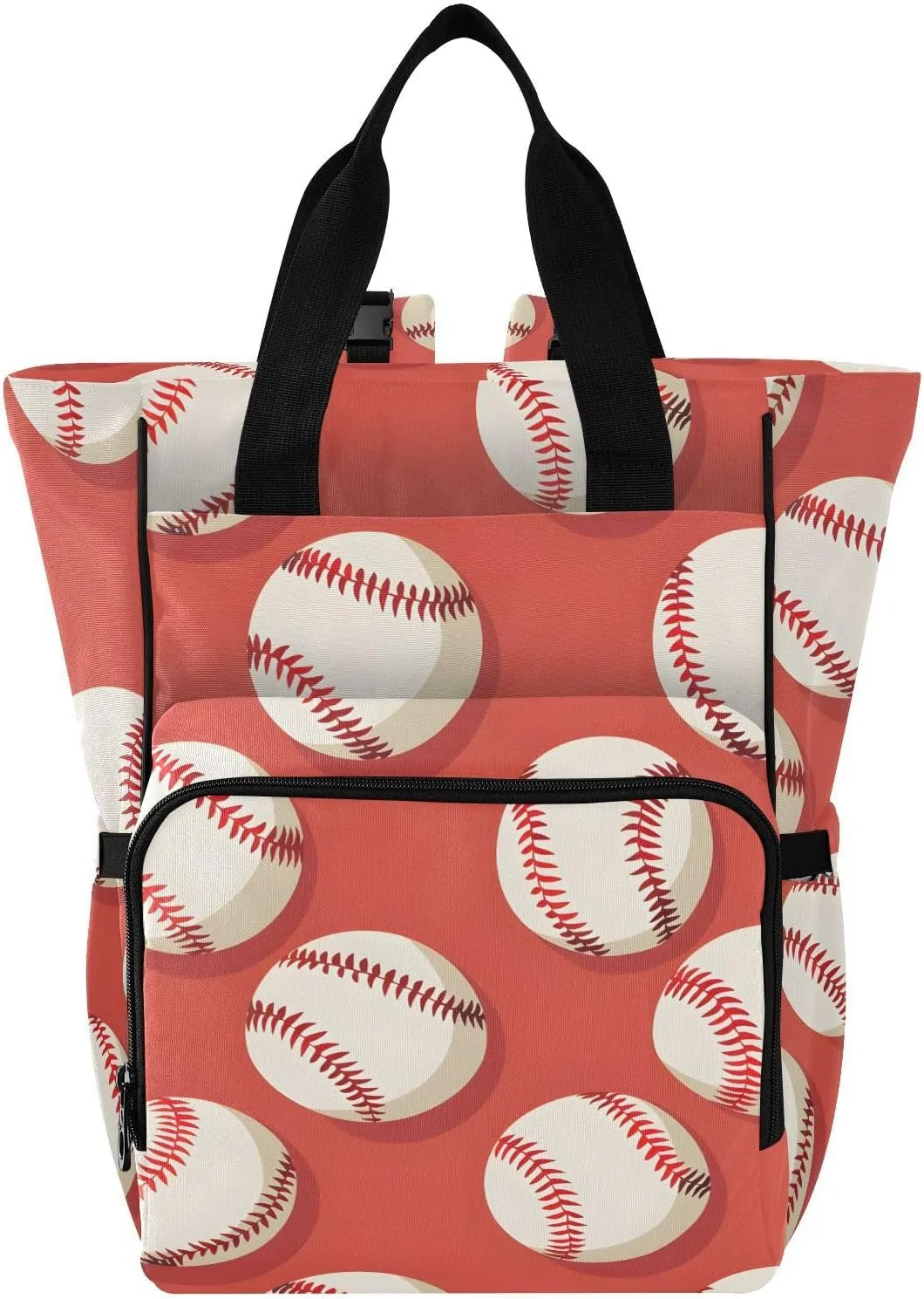 Baby Diaper Bag Backpack Baseball Red Coral Pattern Large Tote Baby Bag for Boys, Girls, Waterproof Multi Function Diaper Backpack, Travel Essentials for Moms