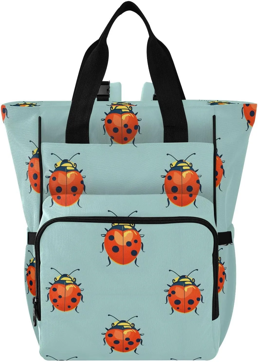 Baby Diaper Bag Backpack Blue Background Ladybugs Pattern Large Tote Baby Bag for Boys, Girls, Waterproof Multi Function Diaper Backpack, Travel Essentials for Moms