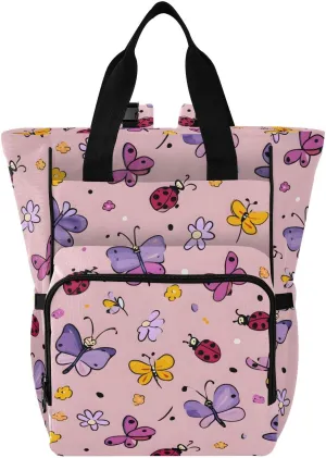 Baby Diaper Bag Backpack Purple Butterfly Red Ladybug Pattern Large Tote Baby Bag for Boys, Girls, Waterproof Multi Function Diaper Backpack, Travel Essentials for Moms