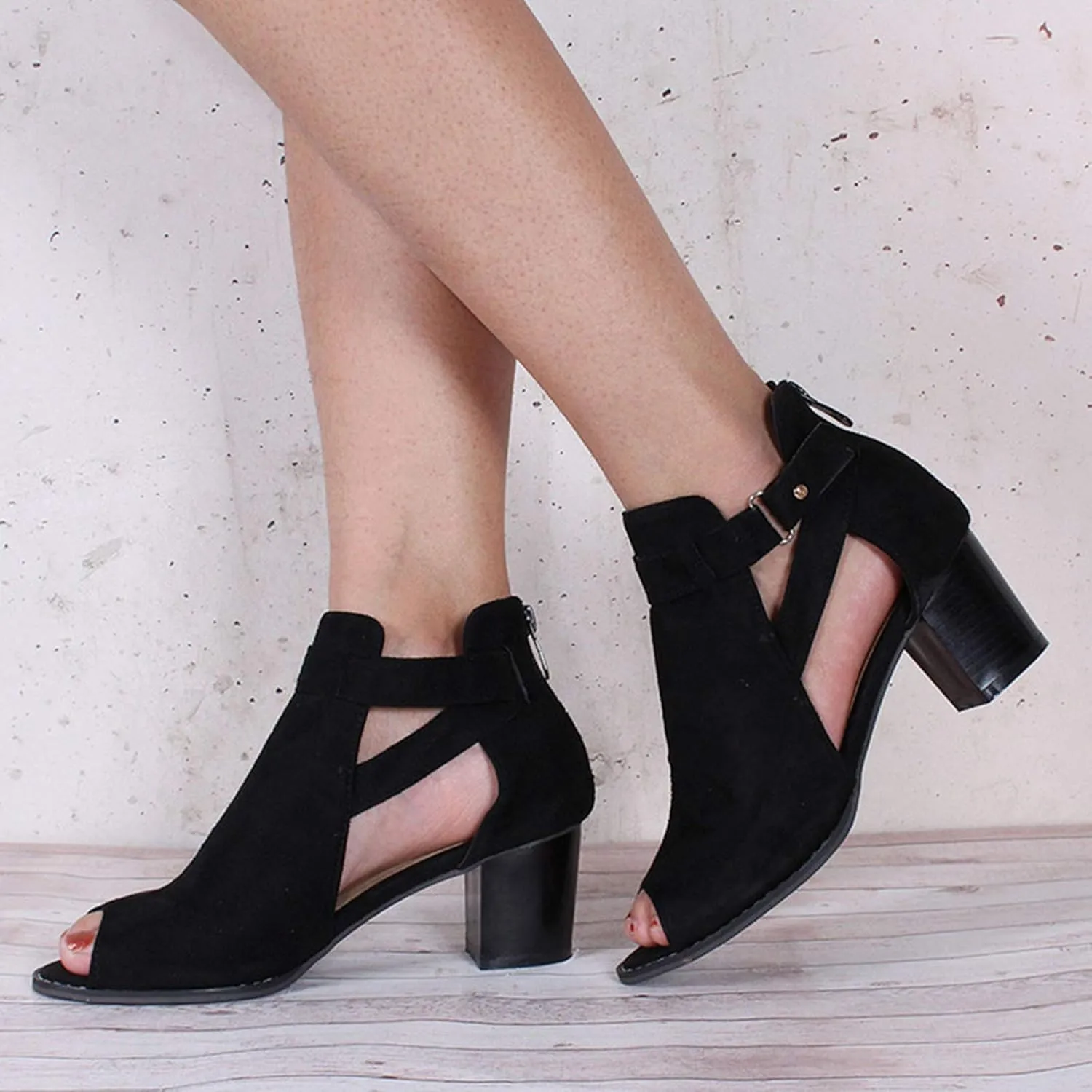 Black Sandals Women Dressy,Womens Sandals Suede Peep Toe Ankle Booties Cut Out Stacked Block Heel Ankle Boots