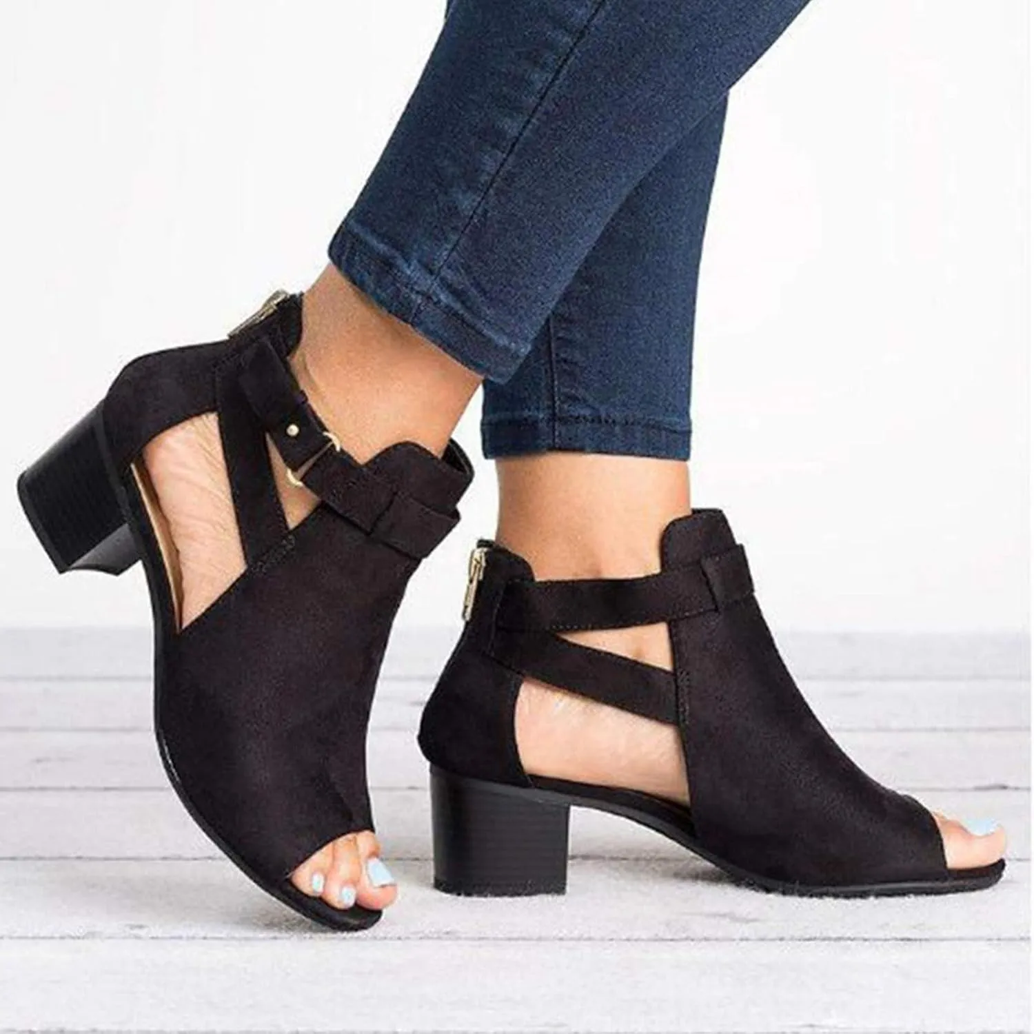 Black Sandals Women Dressy,Womens Sandals Suede Peep Toe Ankle Booties Cut Out Stacked Block Heel Ankle Boots