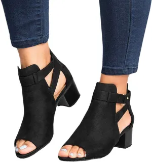 Black Sandals Women Dressy,Womens Sandals Suede Peep Toe Ankle Booties Cut Out Stacked Block Heel Ankle Boots