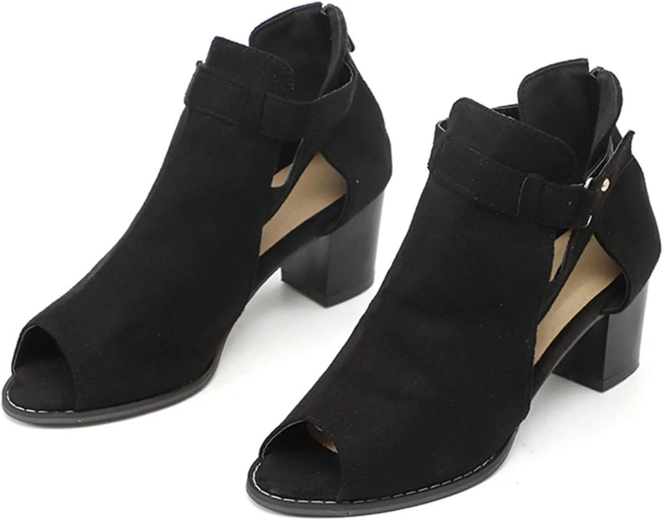 Black Sandals Women Dressy,Womens Sandals Suede Peep Toe Ankle Booties Cut Out Stacked Block Heel Ankle Boots