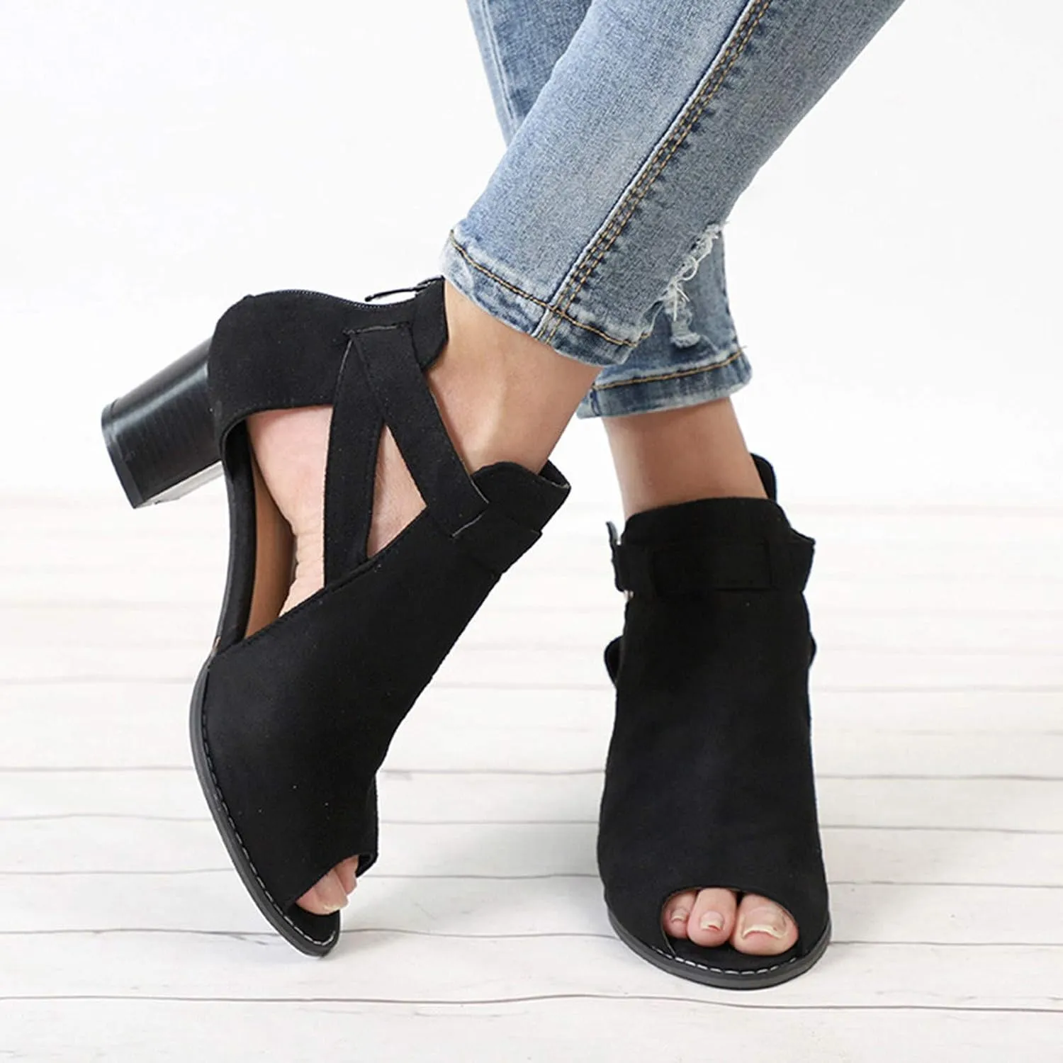 Black Sandals Women Dressy,Womens Sandals Suede Peep Toe Ankle Booties Cut Out Stacked Block Heel Ankle Boots