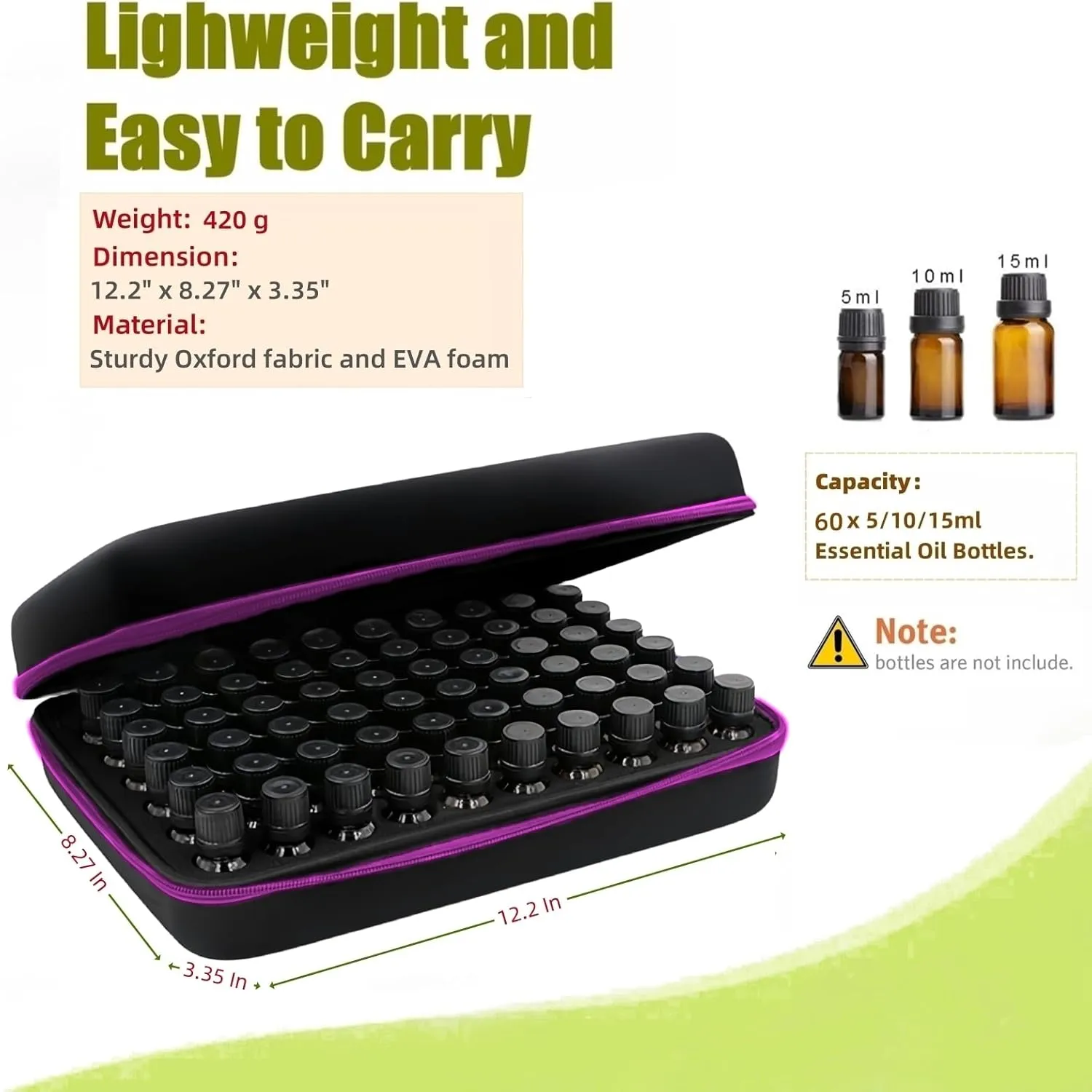 BLIRITEL 60 Bottles EVA Essential Oils Organizer, Hard Shell Essential Oil Storage Carrying Case, Essential Oils Holder Traveling Bag with Foam Insert, Holds 5ml,10ml,15ml Essential Oils (Purple)