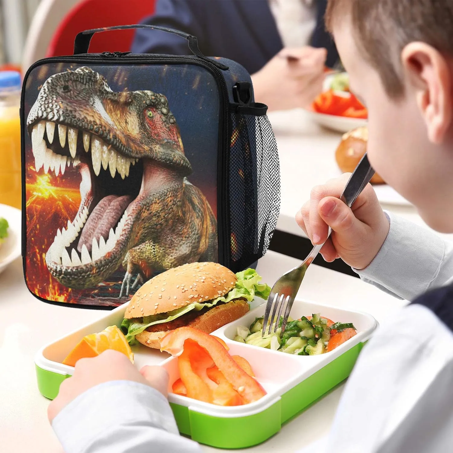 Boys Dinosaur Lunch Box 3D Insulated Lunch Bag Prep Kids Cooler Blue Tote Freezable Shoulder Strap Waterproof Picnic Meal for School Office