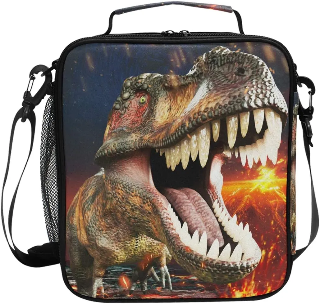 Boys Dinosaur Lunch Box 3D Insulated Lunch Bag Prep Kids Cooler Blue Tote Freezable Shoulder Strap Waterproof Picnic Meal for School Office