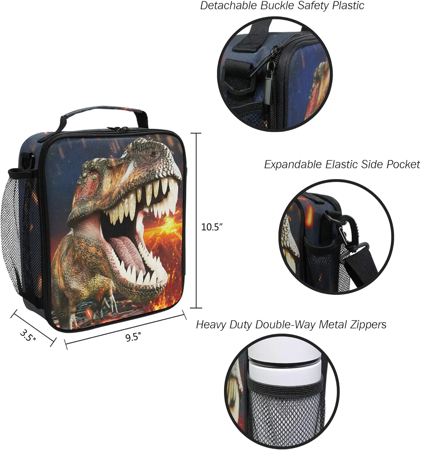 Boys Dinosaur Lunch Box 3D Insulated Lunch Bag Prep Kids Cooler Blue Tote Freezable Shoulder Strap Waterproof Picnic Meal for School Office
