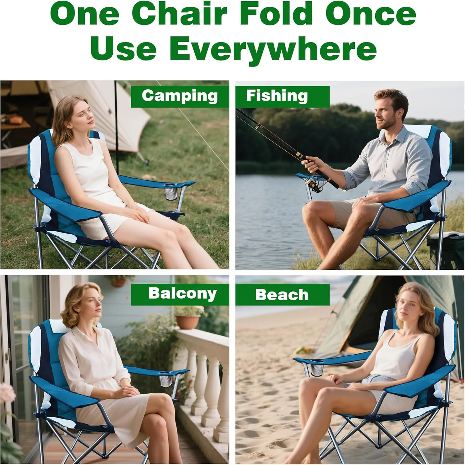 Camabel Folding Camping Chairs Oversized Heavy Duty Padded 400 LBS Beach Chair Portable Outdoor Lawn Chairs with Cup Holder Carry Bag for Sporting Hiking Picnics Fishing Deep Lake Blue