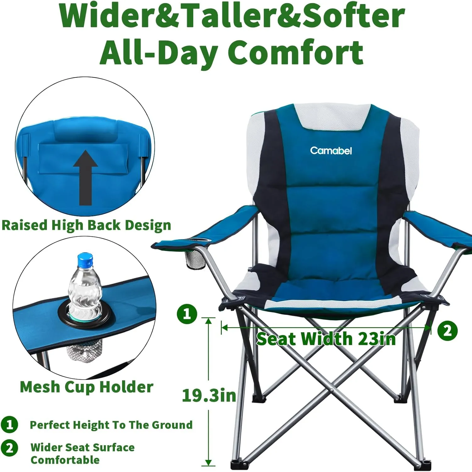 Camabel Folding Camping Chairs Oversized Heavy Duty Padded 400 LBS Beach Chair Portable Outdoor Lawn Chairs with Cup Holder Carry Bag for Sporting Hiking Picnics Fishing Deep Lake Blue