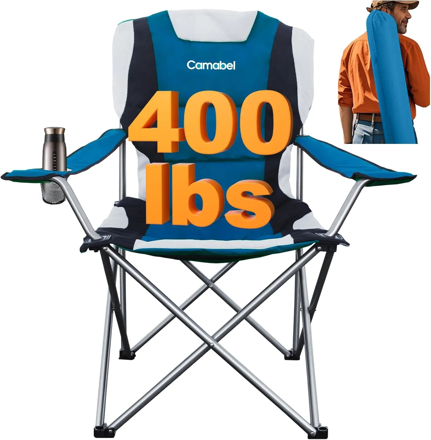 Camabel Folding Camping Chairs Oversized Heavy Duty Padded 400 LBS Beach Chair Portable Outdoor Lawn Chairs with Cup Holder Carry Bag for Sporting Hiking Picnics Fishing Deep Lake Blue