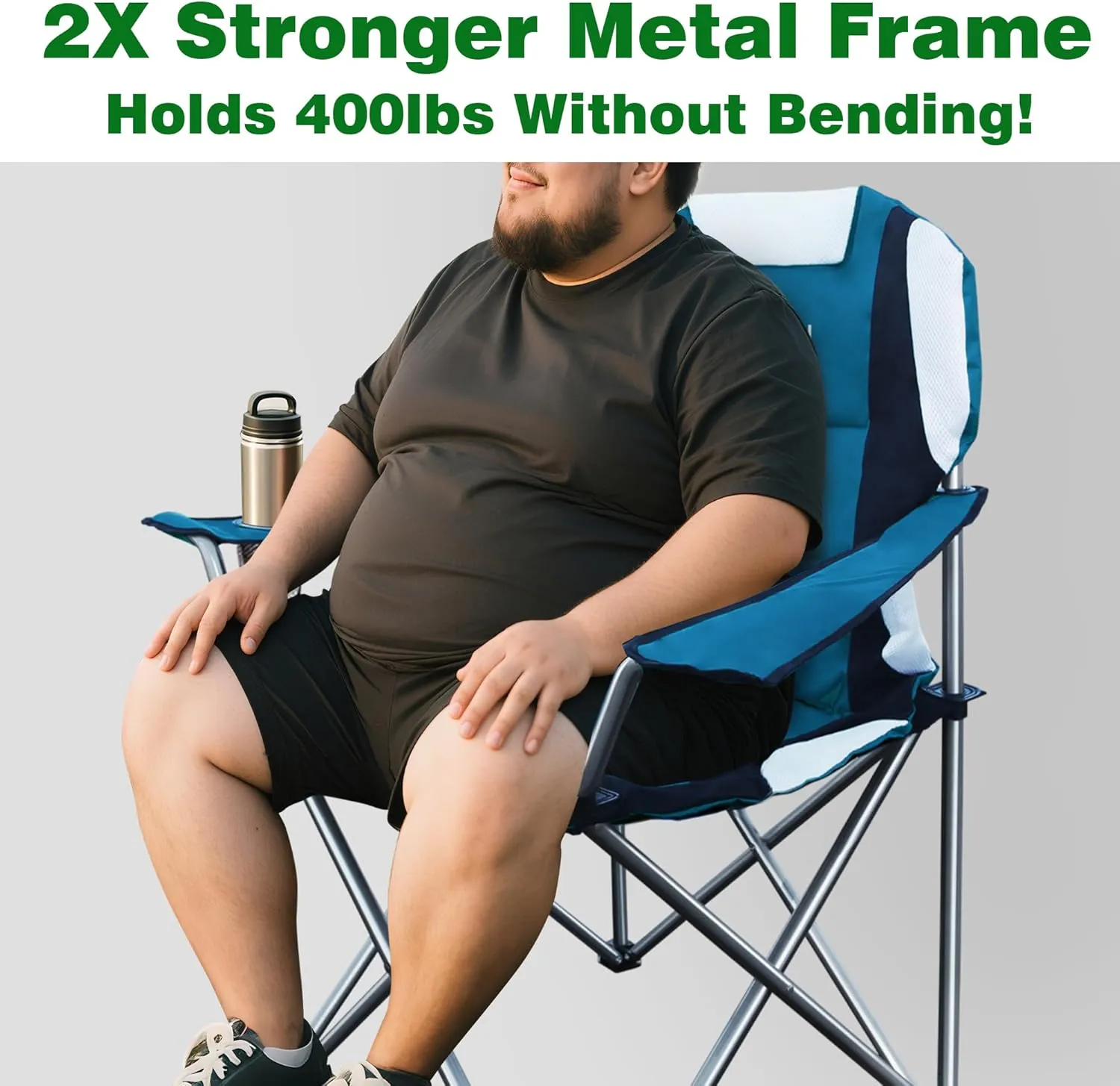 Camabel Folding Camping Chairs Oversized Heavy Duty Padded 400 LBS Beach Chair Portable Outdoor Lawn Chairs with Cup Holder Carry Bag for Sporting Hiking Picnics Fishing Deep Lake Blue