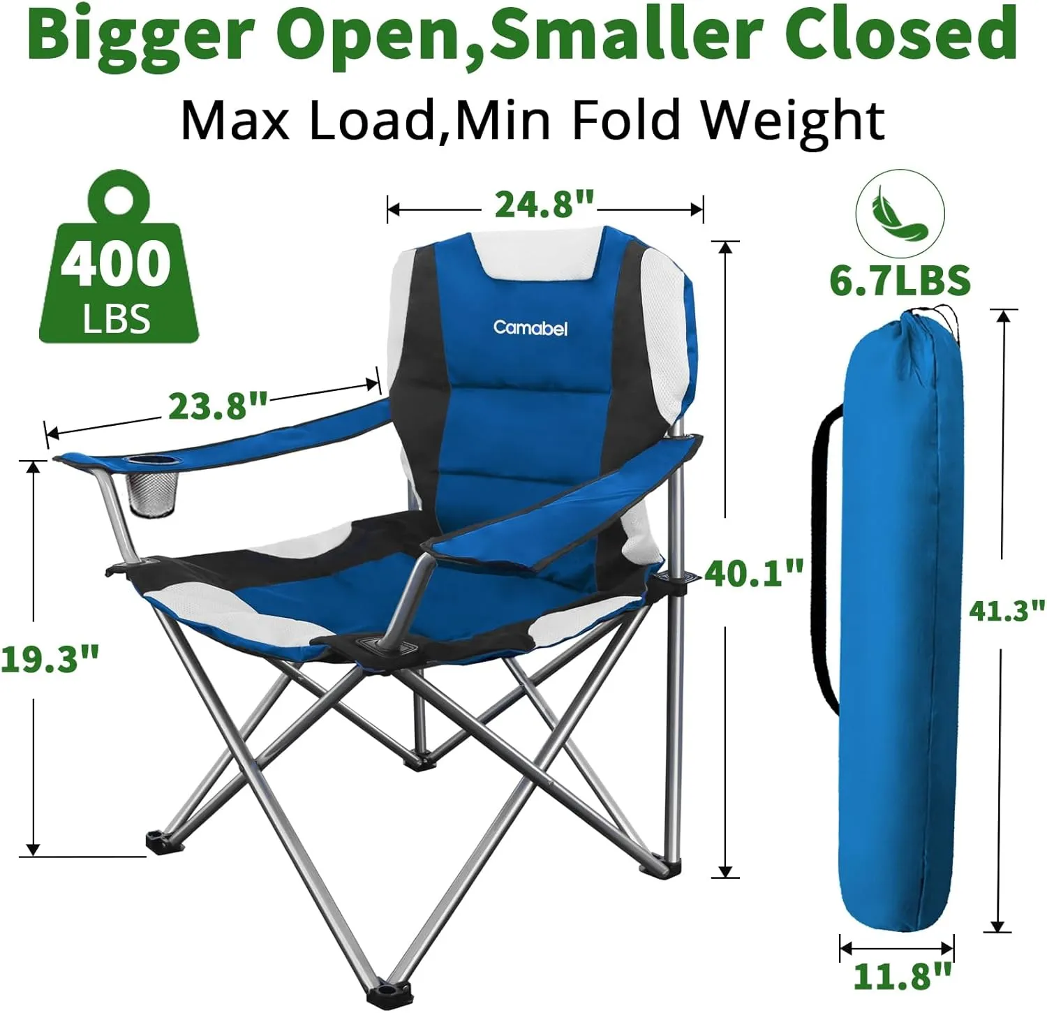 Camabel Folding Camping Chairs Oversized Heavy Duty Padded 400 LBS Beach Chair Portable Outdoor Lawn Chairs with Cup Holder Carry Bag for Sporting Hiking Picnics Fishing Deep Lake Blue