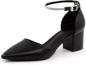 Closed Toe Heels Pumps Women High Block Chunky Heeled Pointed Toed Ankle Strap Pump Shoes Office Wedding Casual Dance Glitter Pumps Shoes for Lady Size 6-10