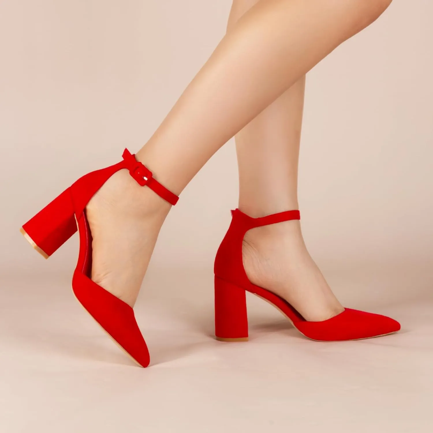 Closed Toe Heels Pumps Women High Block Chunky Heeled Pointed Toed Ankle Strap Pump Shoes Office Wedding Casual Dance Glitter Pumps Shoes for Lady Size 6-10