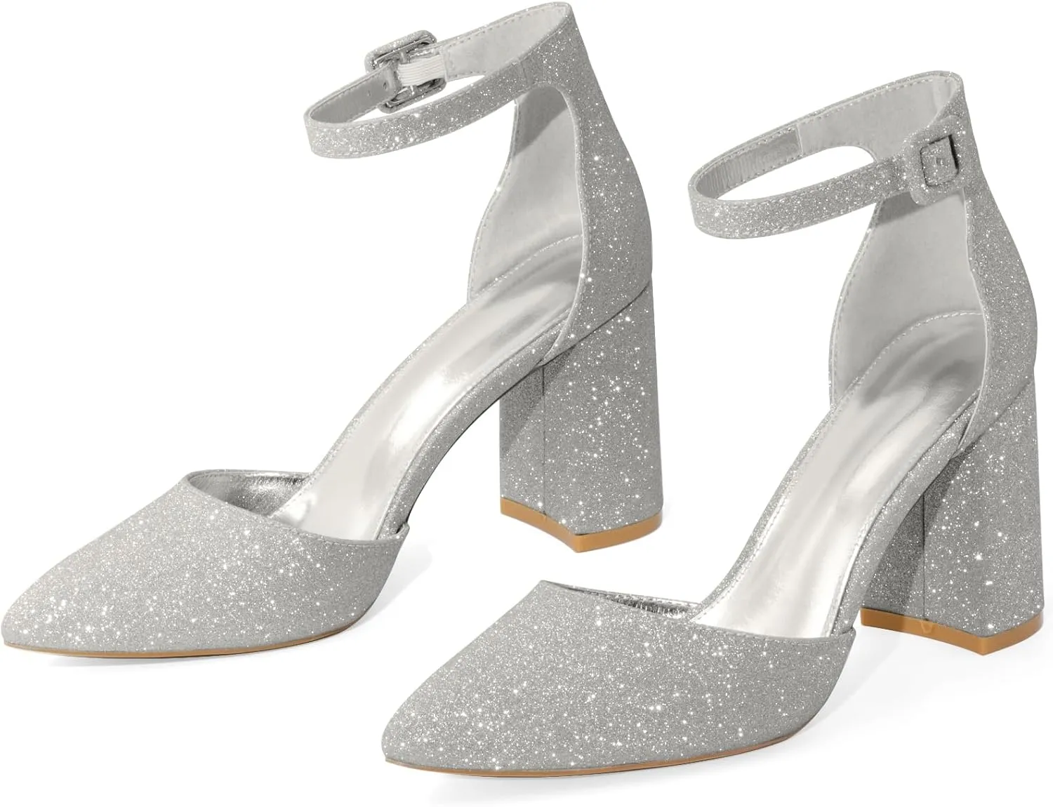 Closed Toe Heels Pumps Women High Block Chunky Heeled Pointed Toed Ankle Strap Pump Shoes Office Wedding Casual Dance Glitter Pumps Shoes for Lady Size 6-10