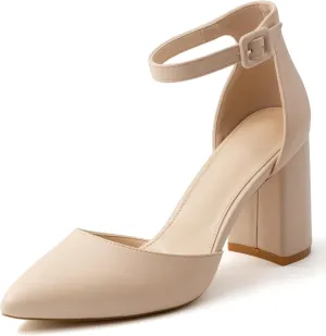 Closed Toe Heels Pumps Women High Block Chunky Heeled Pointed Toed Ankle Strap Pump Shoes Office Wedding Casual Dance Glitter Pumps Shoes for Lady Size 6-10