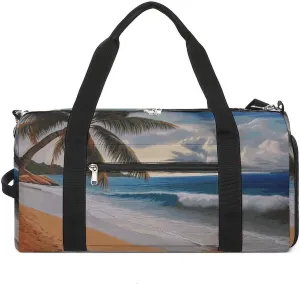 Coconut Palm Tree Sandy Beach Barrel Gym Bags for Men And Women, Duffle Bag for Travel Sports Bag Camping Weekend Carry on Overnight Duffel Bag with Shoulder Strap